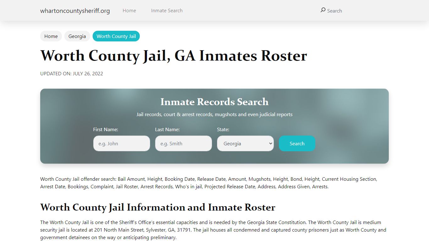 Worth County Jail, GA Jail Roster, Name Search